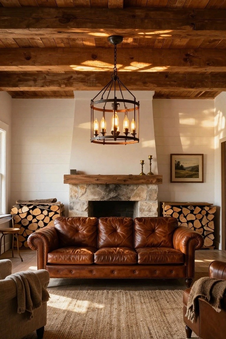 Living room with exposed wooden beam ceiling supporting a large black wrought-iron lantern chandelier with five exposed Edison bulbs, flanked by white shiplap walls, stone fireplace with firewood stacks on both sides, brown tufted leather sofa, and seagrass rug.