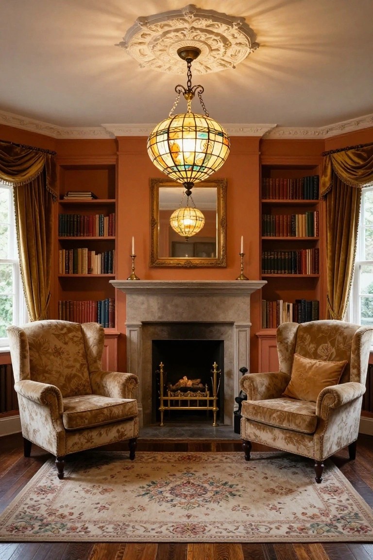A traditional living room with peach walls, built-in bookshelves flanking a limestone fireplace, two beige patterned armchairs on a floral rug, gold mirror and candlesticks on mantel, and a large multicolored stained glass globe pendant light hanging from the ceiling.
