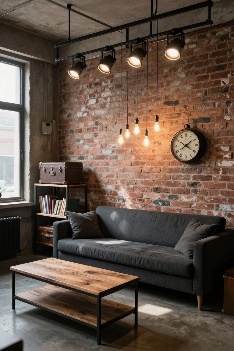 Industrial living room with black track-mounted spotlights and hanging Edison bulb pendants over a gray sofa, wooden coffee table, exposed brick wall, shelves, and clock.