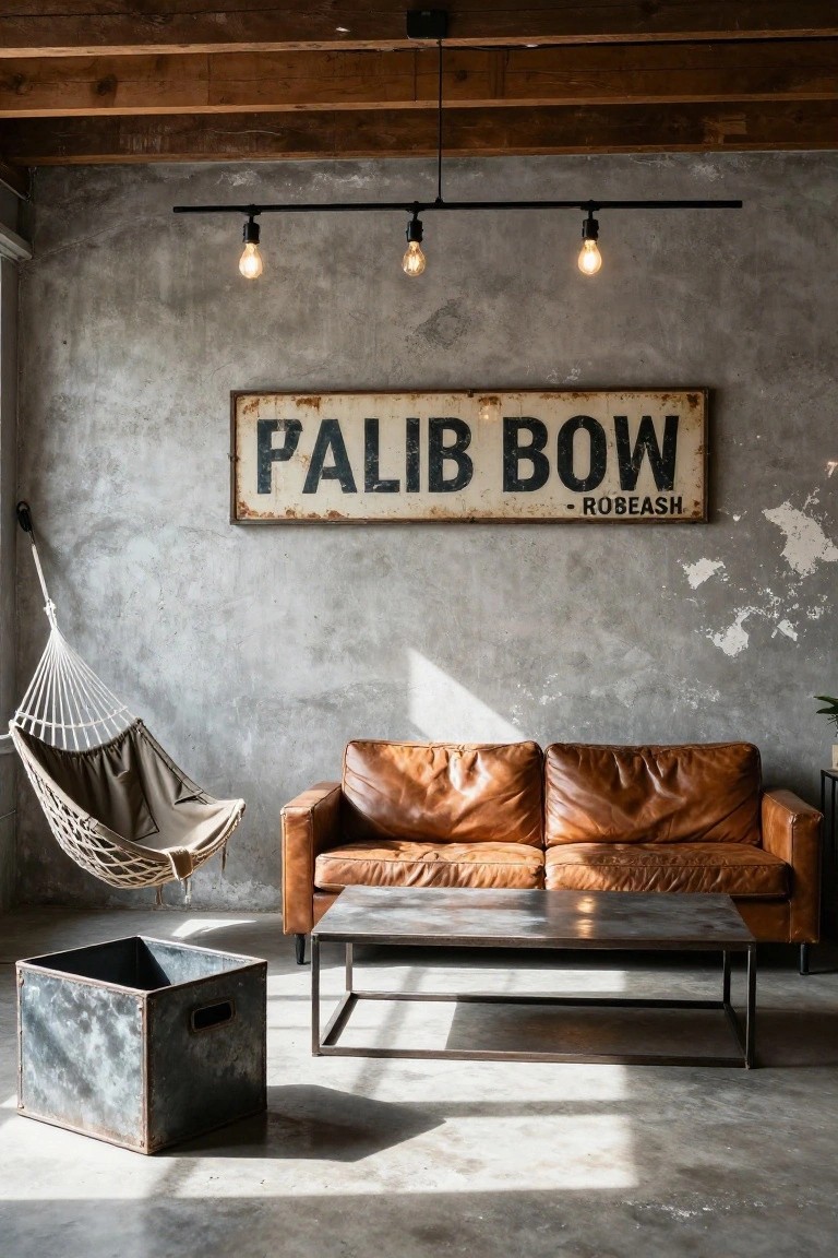 Industrial living room with exposed wood beam ceiling, gray concrete walls, black track rail holding three hanging exposed bulb lights, leather sofa, hammock chair, metal coffee table, and metal storage box on concrete floor.