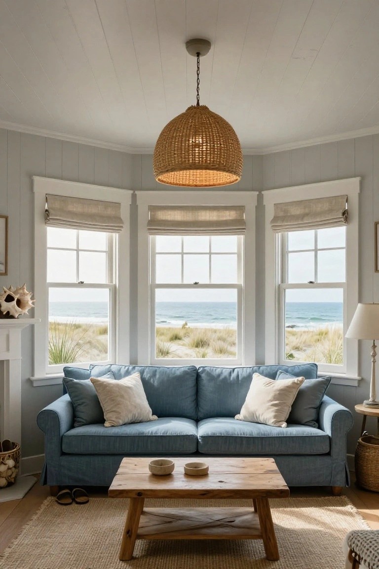 Living room featuring a large round woven rattan pendant light hanging from the ceiling above a wooden coffee table and blue sofa, with three large windows showing beach dunes and ocean beyond.