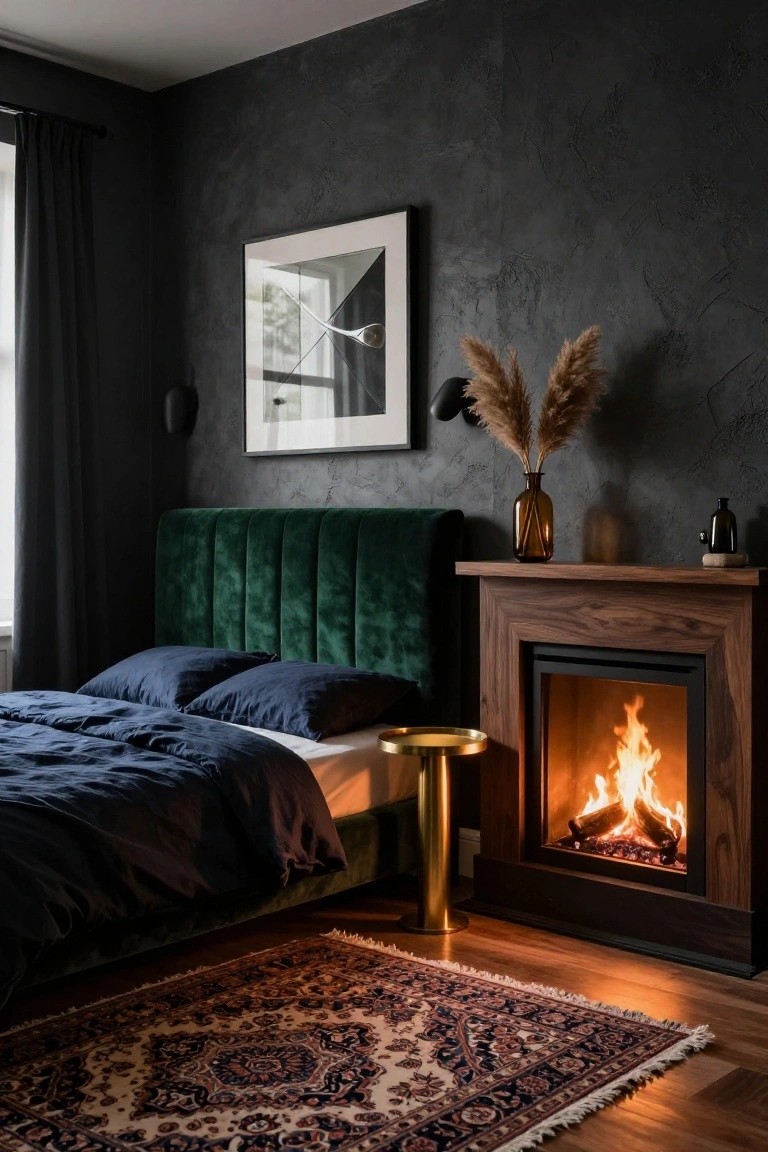 Master bedroom with dark textured walls, emerald green tufted velvet headboard, navy linen bedding, lit wood fireplace, gold side table, pampas grass in glass vase, and Persian rug on wood floor.