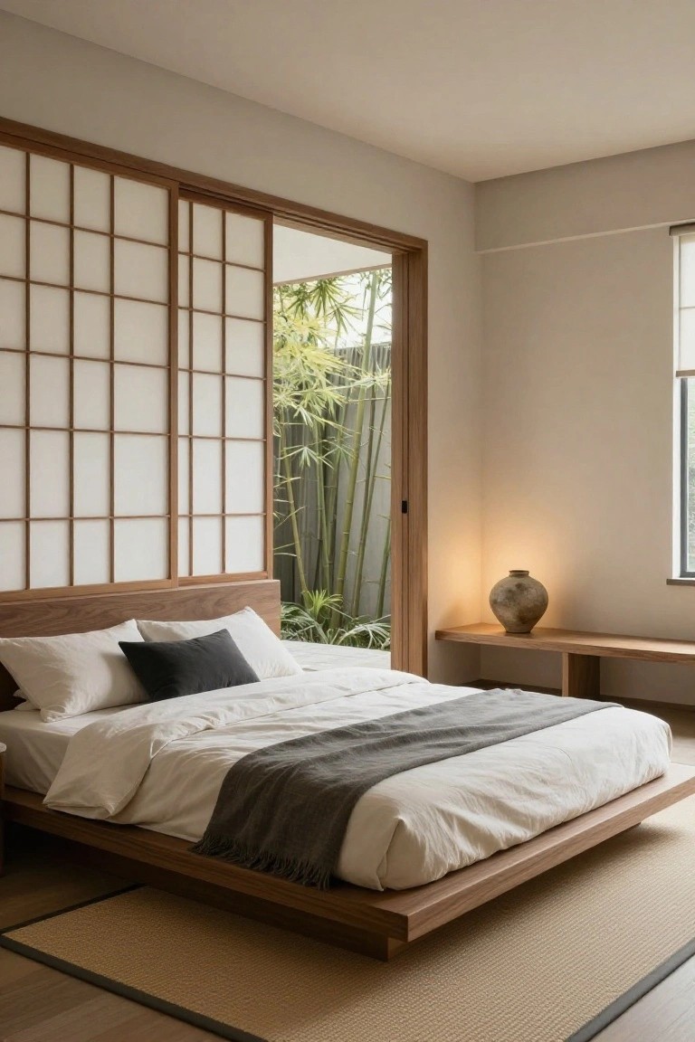 Minimalist bedroom featuring a low wooden platform bed with white sheets and gray throw, shoji screens slid open to reveal a bamboo garden, a ceramic vase on a wooden bench, tatami mat on floor.