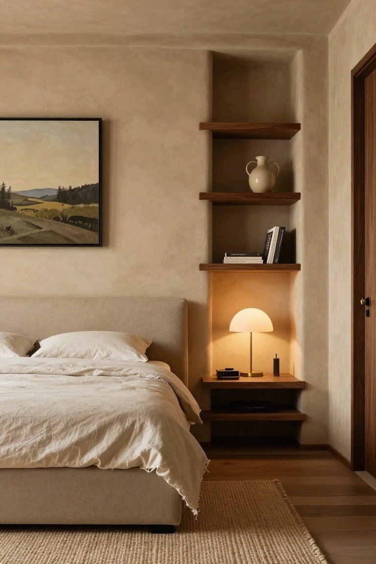 Beige bedroom featuring a low bed with white linens, built-in wood shelves in a wall niche holding books, a white vase, and a lamp on a lower shelf, neutral textured walls, and wood flooring with a seagrass rug.