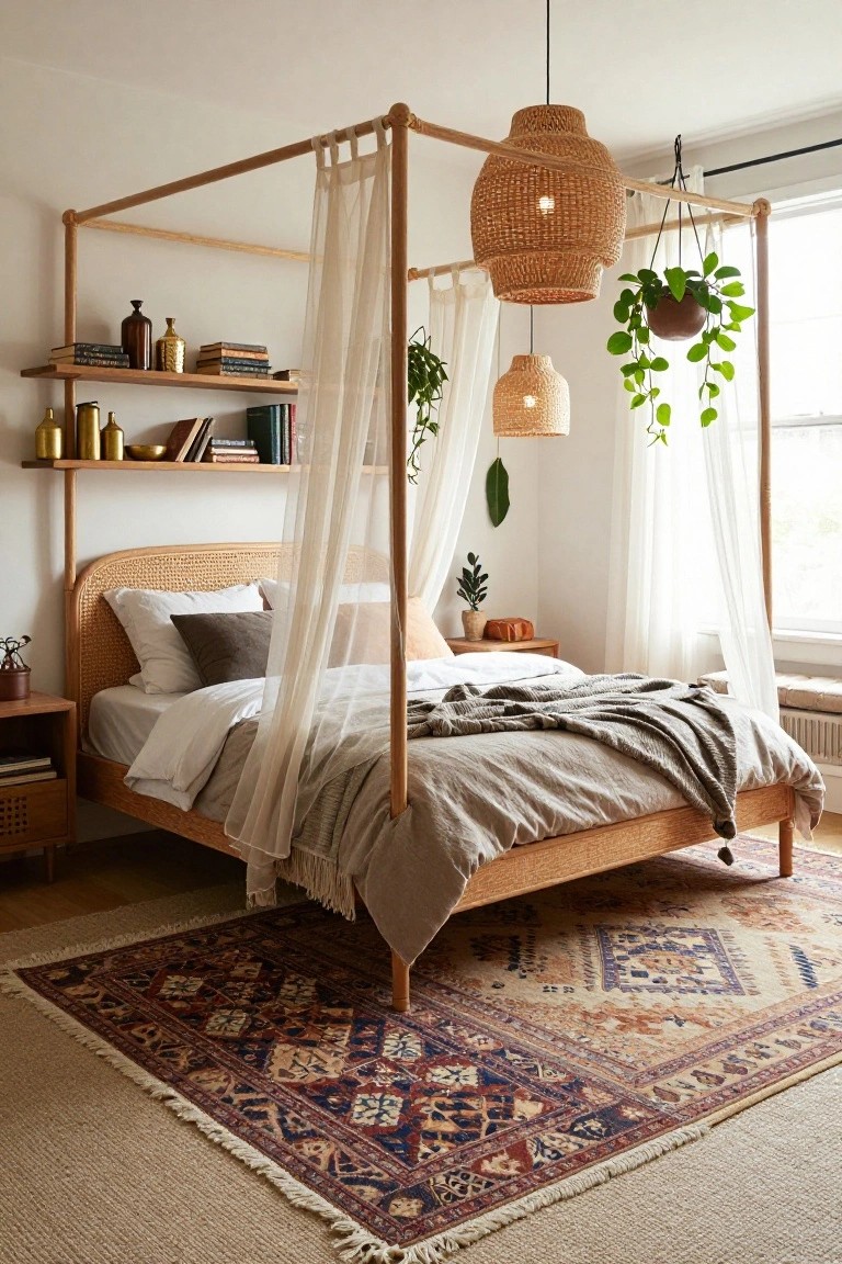 A bedroom interior with a light wooden canopy bed frame draped in sheer white curtains, rattan headboard, white bedding with gray throw, wooden shelves holding books and vases, hanging woven pendant lights and potted plants, next to a window and colorful patterned rug on wood floor.