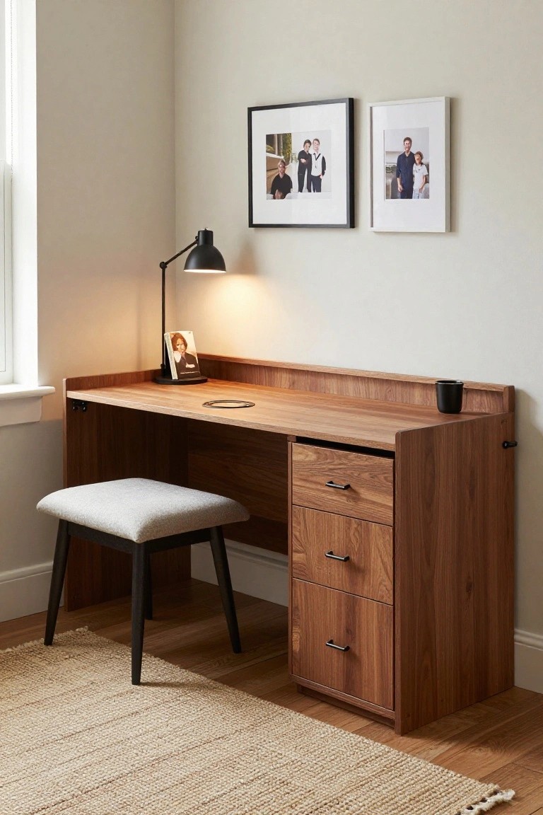 Wooden desk with three side drawers and a round cutout on the top, paired with a gray upholstered stool, black desk lamp, and framed family photos on beige walls in a corner room.