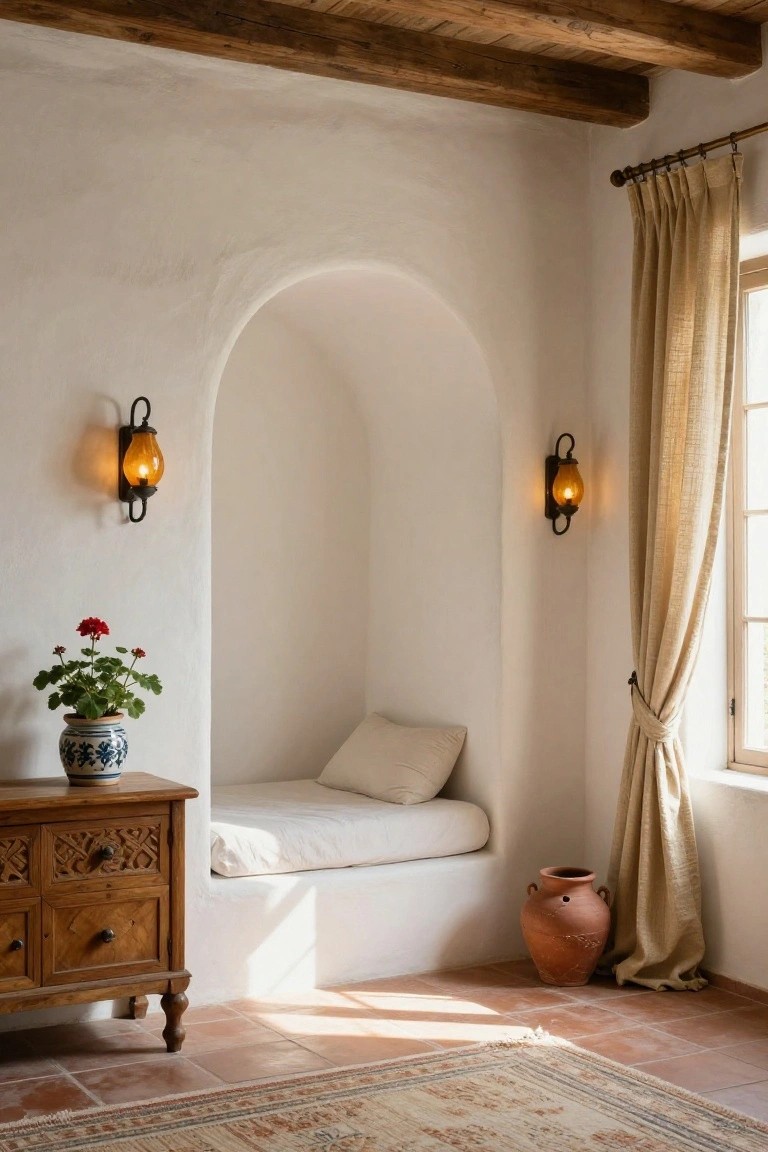 Sunlit interior room with white adobe-style walls, an arched alcove niche with white cushioned bench seat, carved wooden side table holding potted plants, terracotta tile floor, beige linen curtains on a window, and wall-mounted lantern sconces.