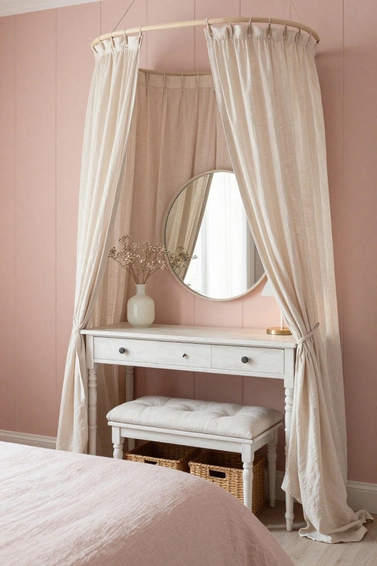 Blush pink paneled bedroom wall with a white wood vanity table and stool under a circular wooden hoop frame draped in beige linen curtains, round mirror, gold lamp, white vase of dried flowers, and corner of pink bed with white baskets.