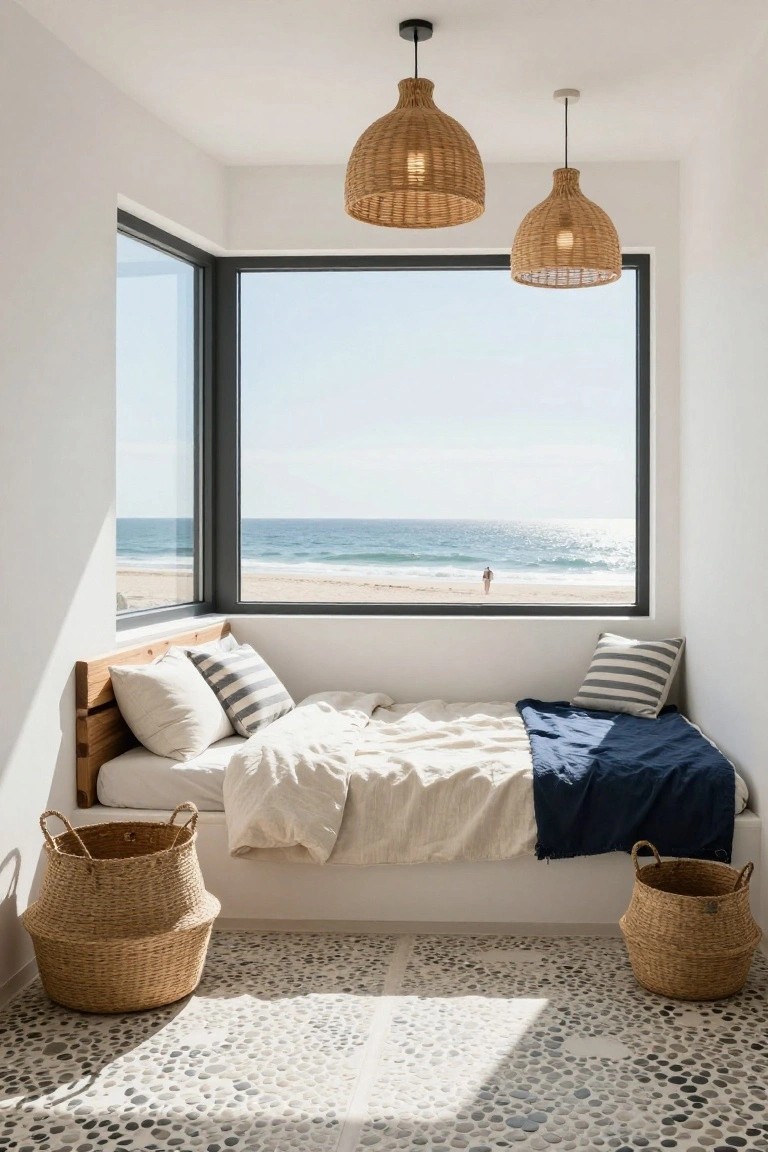 White bedroom corner with built-in wooden bed platform under large black-framed corner windows showing beach and ocean view, rattan pendant lights hanging above, white bedding with navy throw and striped pillows, two rattan baskets on pebble tile floor.