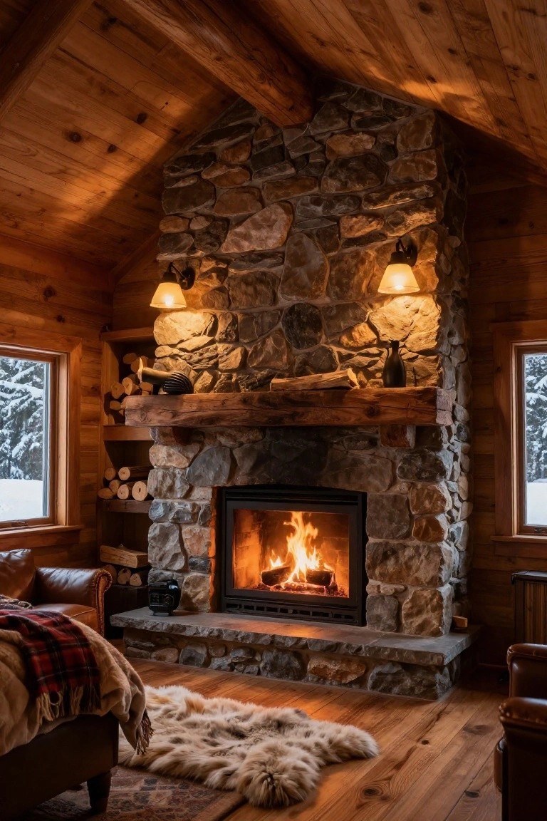 Log cabin bedroom with tall wooden ceilings, large stone fireplace burning brightly, leather armchairs, fur rug, and snowy views through windows.