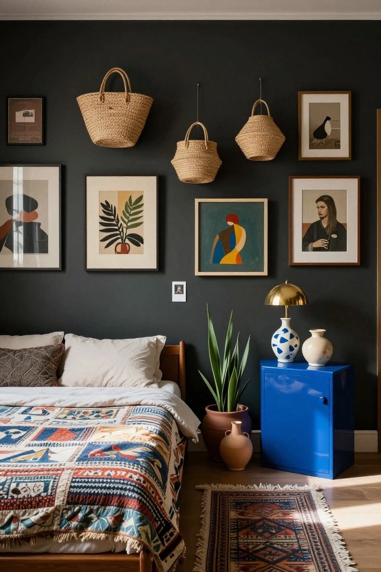 A master bedroom with dark gray walls displaying woven hanging baskets, abstract paintings, and photographs, a wooden bed draped in colorful patchwork quilt and textured pillows, blue metal cabinet holding plants and vases next to a gold lamp, and a patterned rug on the floor.