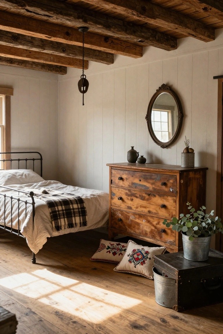 Sunlit bedroom interior with dark exposed wooden beam ceiling, black iron bed frame with white sheets and plaid blanket, antique wooden dresser, oval mirror on white wall, pottery jars, potted eucalyptus, embroidered pillows, and metal bucket on wooden floor.