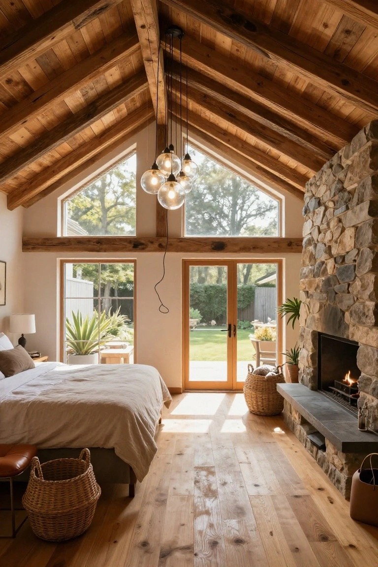 Master bedroom with vaulted ceiling featuring exposed wooden beams, stone fireplace on one wall, large triangular window and French doors opening to garden, neutral bed, wooden floors, and basket storage.
