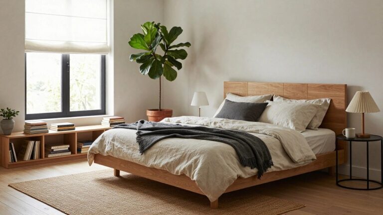 Minimalist bedroom with low oak platform bed draped in white linens and gray throw, tall fiddle leaf fig plant in corner, black roller shade on window, two lamps on bedside tables, white oak floors and beige rug.