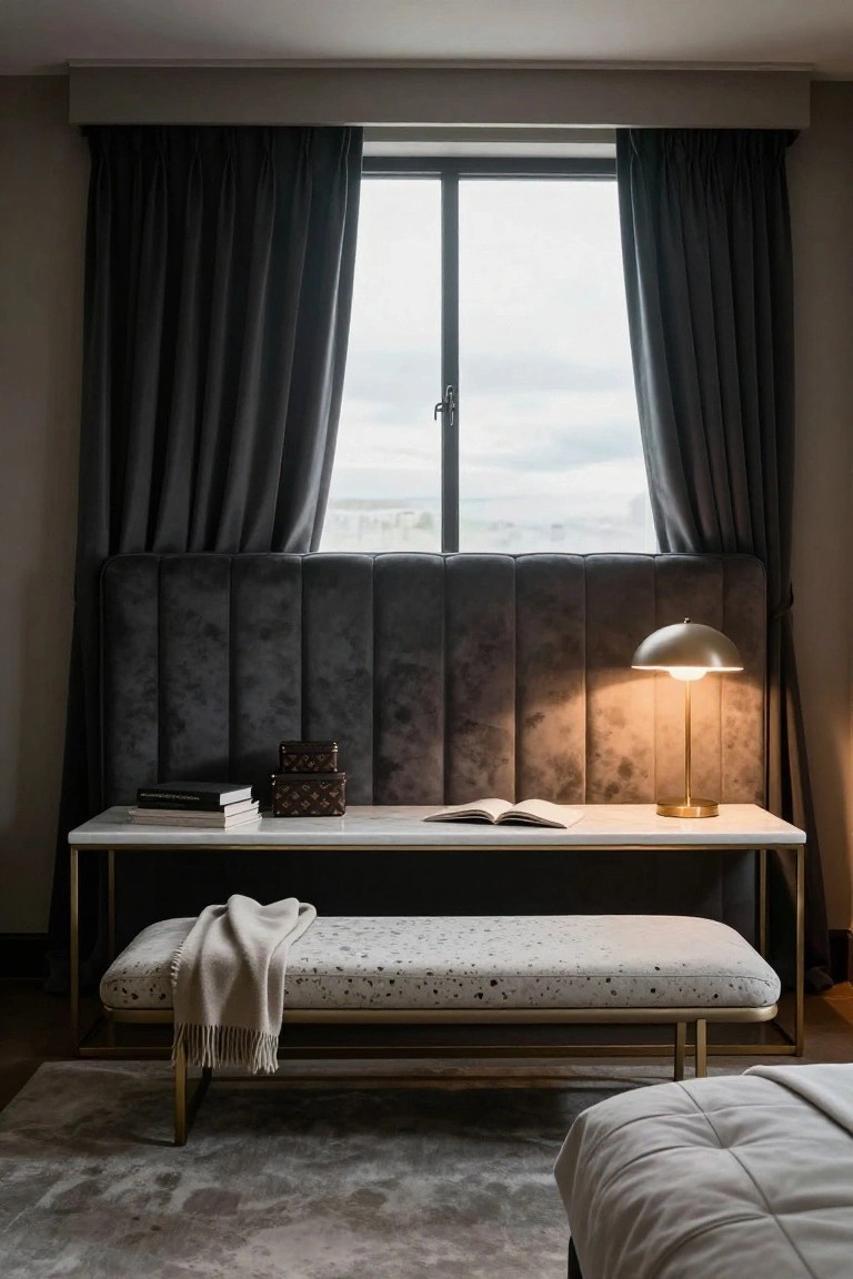 Modern master bedroom with dark gray tufted velvet headboard, marble nightstand holding books and a gold lamp, brass-framed bench with white throw blanket at bed foot, and large window with gray drapes.
