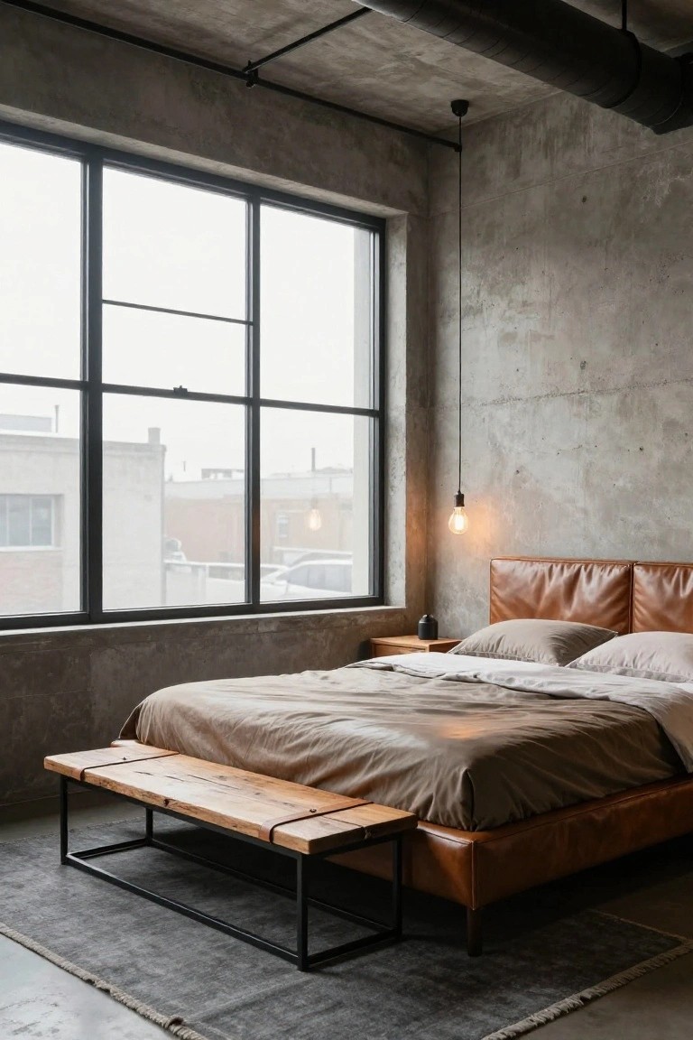 Modern bedroom interior with exposed concrete walls, large black-framed windows overlooking buildings, tan leather upholstered bed with beige linens and pillows, wooden bench on black metal frame at bed foot, bedside table, pendant light, and dark gray rug on concrete floor.