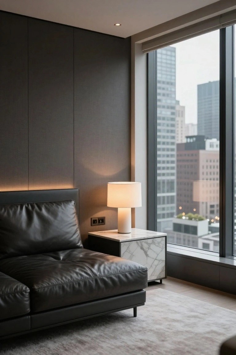 Corner of a modern master bedroom with black leather sofa, marble side table holding a white lamp, dark gray paneled walls, and large floor-to-ceiling windows showing a city skyline.