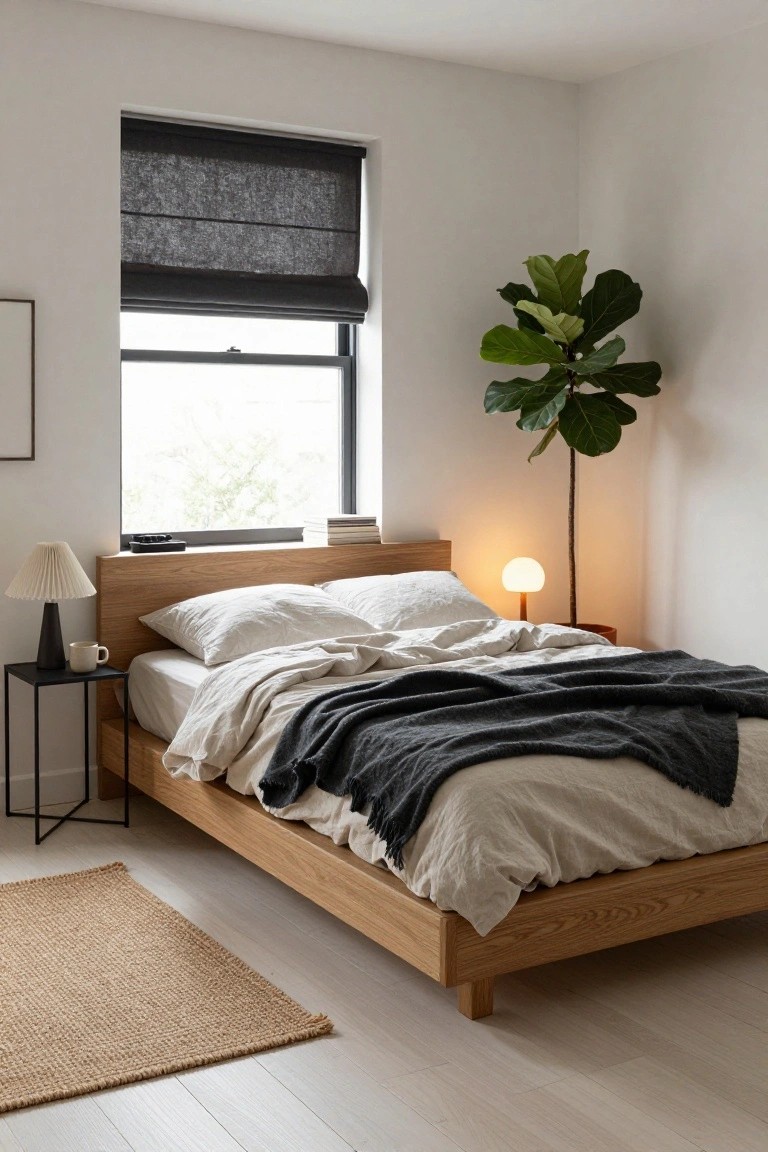 Minimalist bedroom with low oak platform bed draped in white linens and gray throw, tall fiddle leaf fig plant in corner, black roller shade on window, two lamps on bedside tables, white oak floors and beige rug.