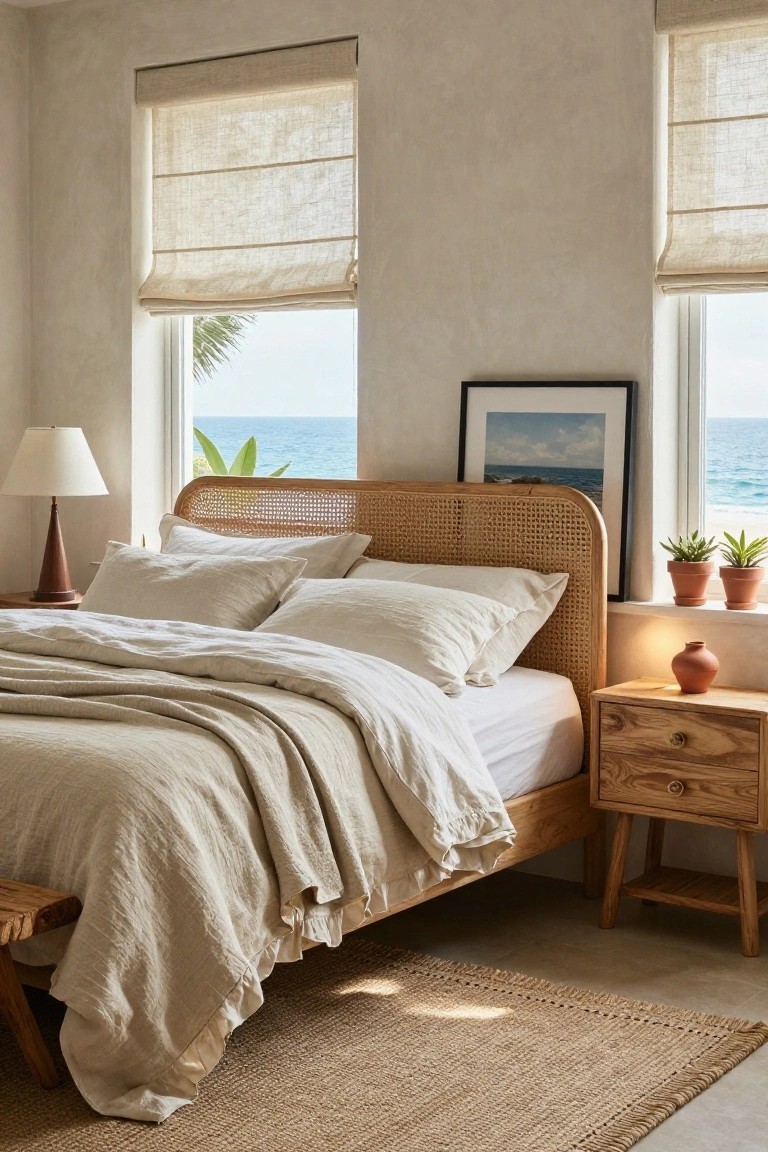 Master bedroom featuring a bed with curved rattan headboard, white linen bedding and pillows, wooden nightstand with lamp and vase, potted plants on windowsill, and large windows showing palm trees and ocean view.