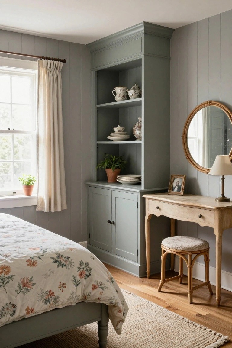 Bedroom with tall sage green built-in cabinet featuring open shelves displaying white ceramics and plants above closed cabinets, wooden desk with rattan stool, bed with cream floral bedding, beige curtains on window, gray shiplap walls, wood floor, and seagrass rug.