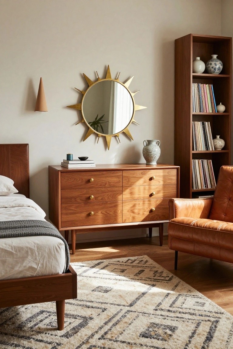 A sunlit master bedroom with a brass sunburst mirror above a six-drawer walnut dresser, wooden bed frame with white bedding, tall wooden bookshelf stocked with books and ceramics, orange leather armchair, and geometric rug on hardwood floors.
