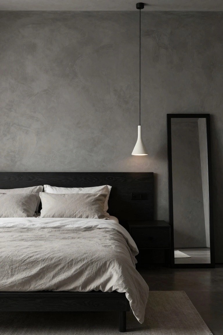 Minimalist bedroom with textured light gray plaster walls, black wooden bed frame and headboard with white linen bedding and pillows, white drop pendant light, black nightstand, and tall black-framed floor mirror on wood floor with beige rug.