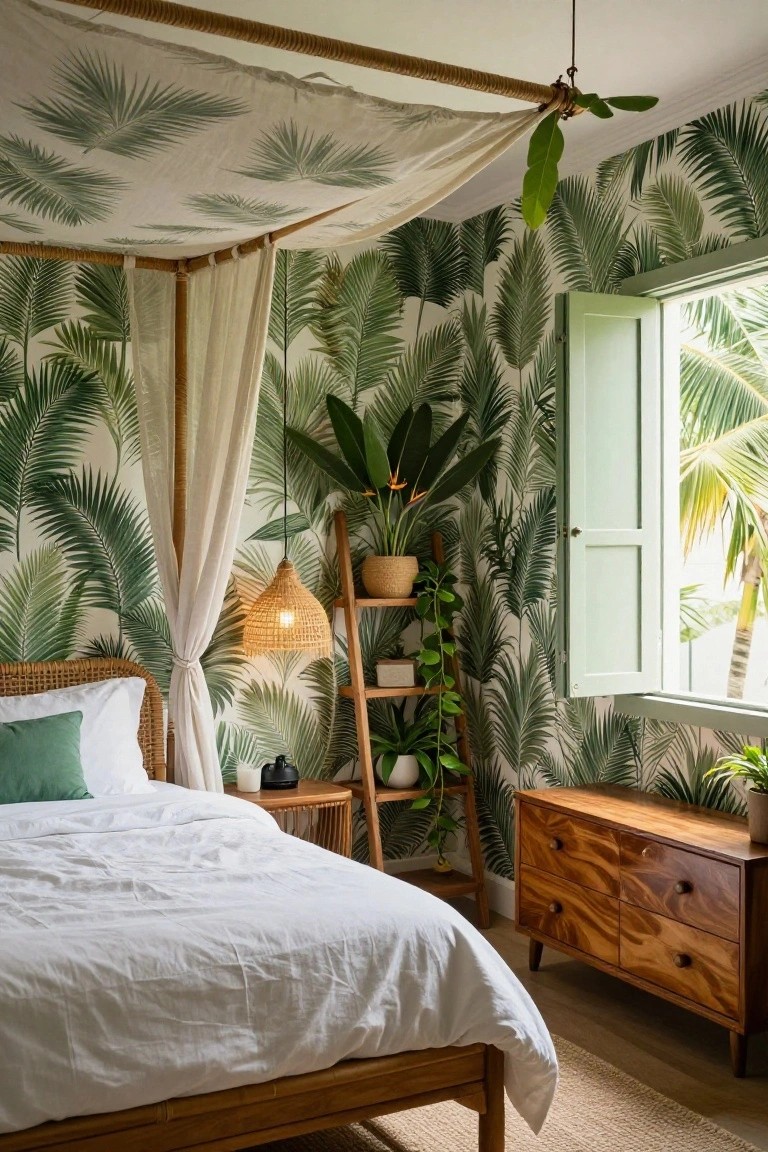 A master bedroom with green palm leaf wallpaper on walls, white canopy bed on rattan frame, wooden dresser and ladder shelf with plants, rattan lamp, and open green shutters on window showing palm trees outside.