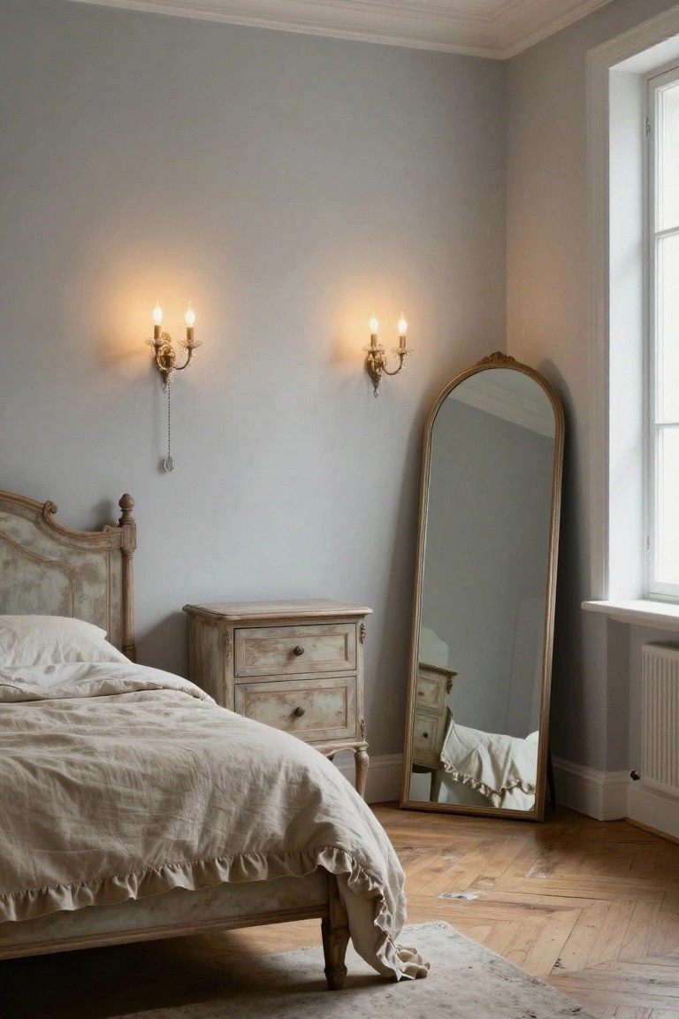 Corner of a master bedroom with pale gray walls, distressed ornate wood bed draped in white linen bedding, matching nightstand, tall arched gold mirror, and brass wall sconces with candle flames on parquet floor.
