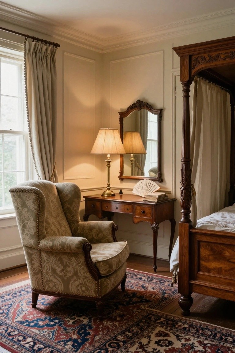 Corner of a master bedroom with a pale green upholstered wingback armchair beside a wooden writing desk topped with books and a fan, next to a carved four-poster bed, lit by table lamps, with beige curtains at the window and a red and blue Persian rug on the hardwood floor.