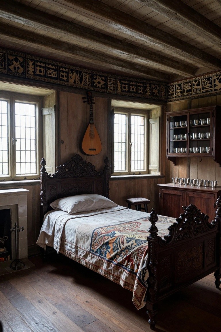 A bedroom interior with dark wood carved bed frame, exposed ceiling beams with carved frieze panels, hanging lute guitar, wooden cabinets holding metal mugs, leaded glass windows, and stone fireplace.