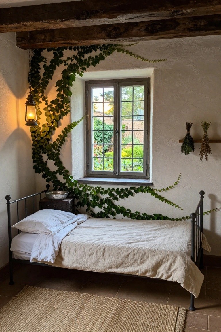 Small bedroom with white plaster walls covered in climbing green ivy around an iron bed with white linens, a window showing a garden view, hanging lantern light, and dried herbs on a shelf.