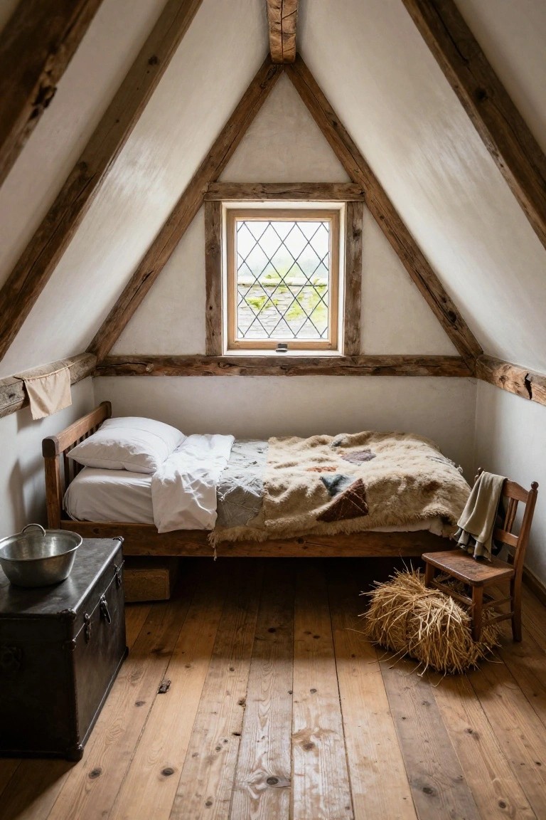 Small attic bedroom with exposed dark wooden beams on white walls, steep A-frame ceiling, leaded glass window, wooden bed with white sheets and fur blanket, metal basin on trunk, wooden chair, and hay bundle on oak floorboards.