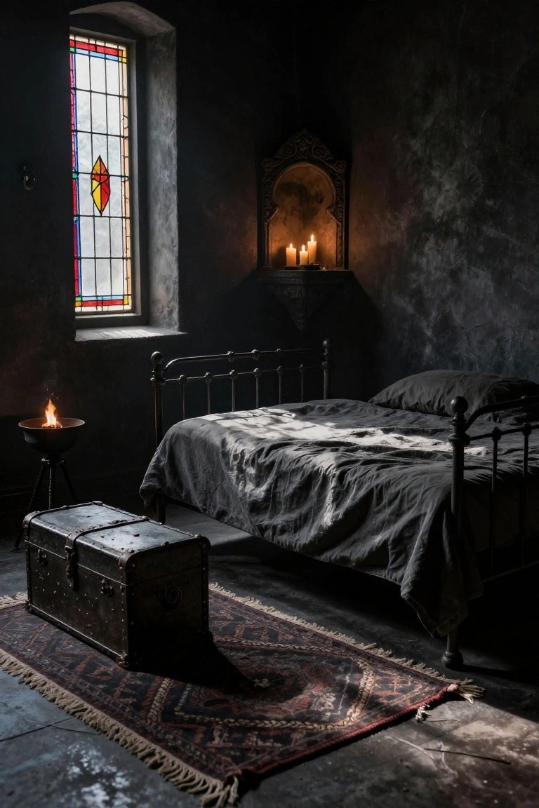 Dark moody bedroom with black iron bedframe and gray linens, stained glass window, arched candlelit niche, antique metal trunk on patterned rug, and small brazier on stand.