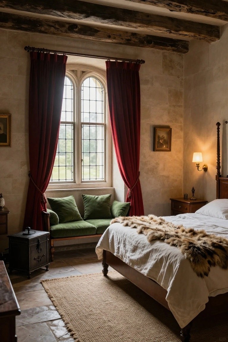 Medieval-style bedroom interior featuring beige stone walls, exposed dark wooden ceiling beams, tall arched window with parted red velvet curtains revealing a green landscape outside, green velvet chaise lounge, wooden bed draped with white linens and fur throw, and antique furnishings.