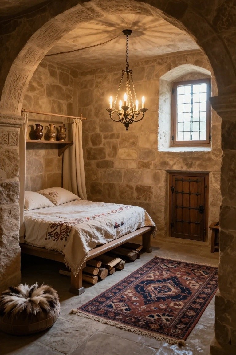 Medieval-style bedroom interior with exposed beige stone walls, arched doorways and ceiling, wooden canopy bed with white linens, hanging brass chandelier, small barred window, and woven rugs on stone floor.