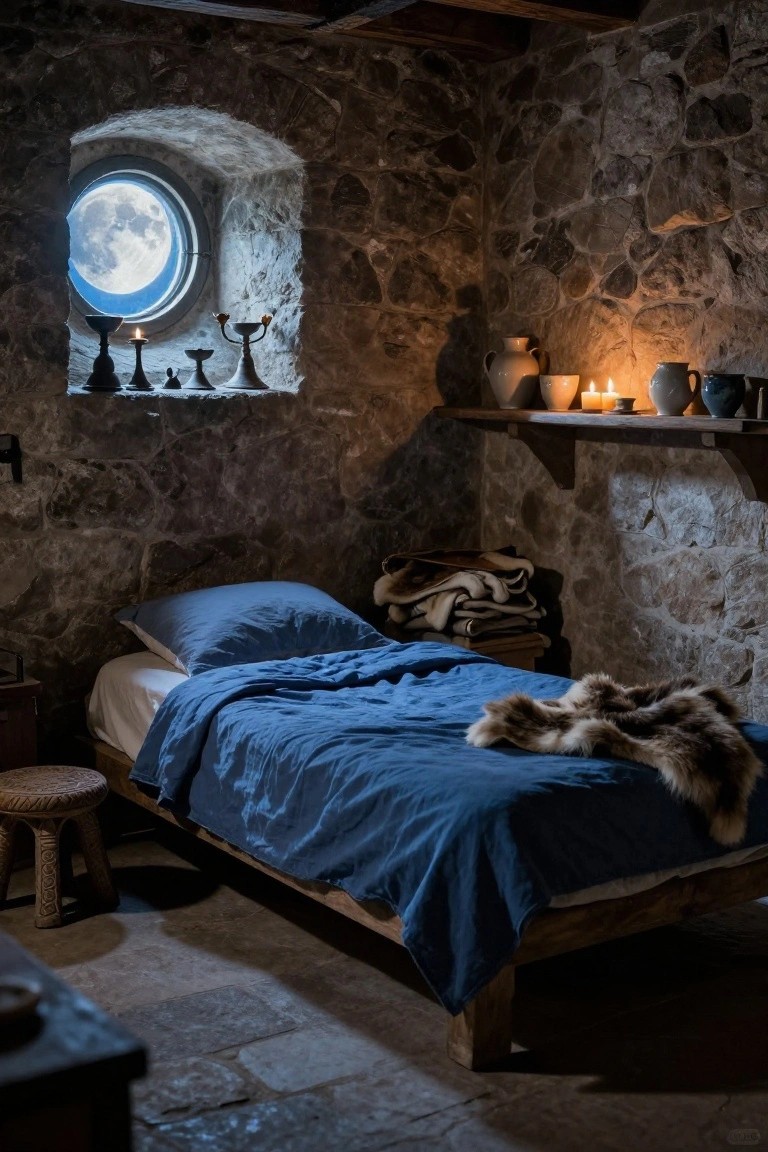 Dimly lit medieval-style bedroom with gray exposed stone walls, wooden bed draped in blue linens and fur throw, candles on shelves near arched window showing full moon, pottery jars, and stool.