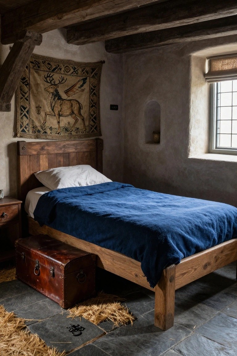 Small bedroom interior with exposed dark wooden ceiling beams, beige plaster walls, a tapestry of a winged stag hanging on one wall, wooden bed frame with white pillow and blue linen blanket, bedside table, leather trunk at bed foot, and dark stone tile floor with straw mat.