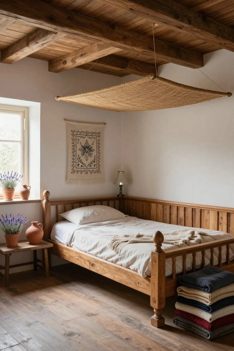 Bedroom with exposed dark wooden beam ceiling, wooden spindle bed with white linens and stacked blankets nearby, paneled walls, potted lavender plants on windowsill and table, woven hanging mat overhead, and lamp on wall.
