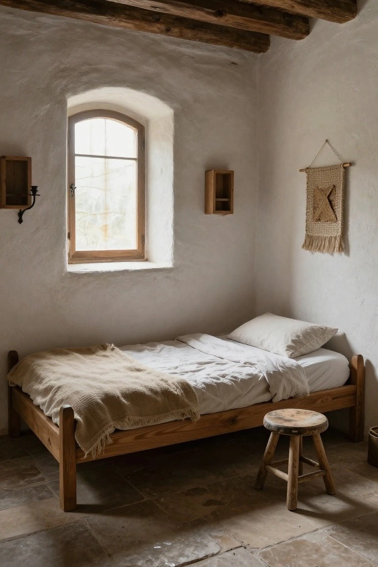 Small bedroom interior with exposed dark wooden ceiling beams, whitewashed curved walls, arched wooden window, wooden wall sconces and shelves, simple wooden bed frame with white sheets tan throw blanket and pillows, wooden stool, woven beige tapestry, and terracotta tile floor.