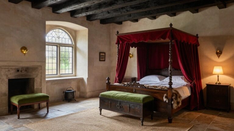 Medieval-style bedroom interior featuring beige stone walls, exposed dark wooden ceiling beams, tall arched window with parted red velvet curtains revealing a green landscape outside, green velvet chaise lounge, wooden bed draped with white linens and fur throw, and antique furnishings.