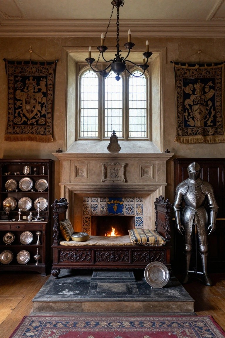 Medieval-style interior room with a lit stone fireplace flanked by a carved wooden bench with cushions, wooden cabinets displaying silverware, a suit of armor standing nearby, tapestries on walls, stained glass window, and chandelier overhead.