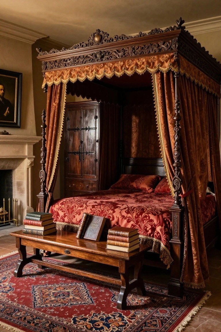 Ornate wooden four-poster bed with orange drapes in a bedroom featuring a stone fireplace, wooden wardrobe, stack of antique books on a bench, and red patterned rug on the floor.