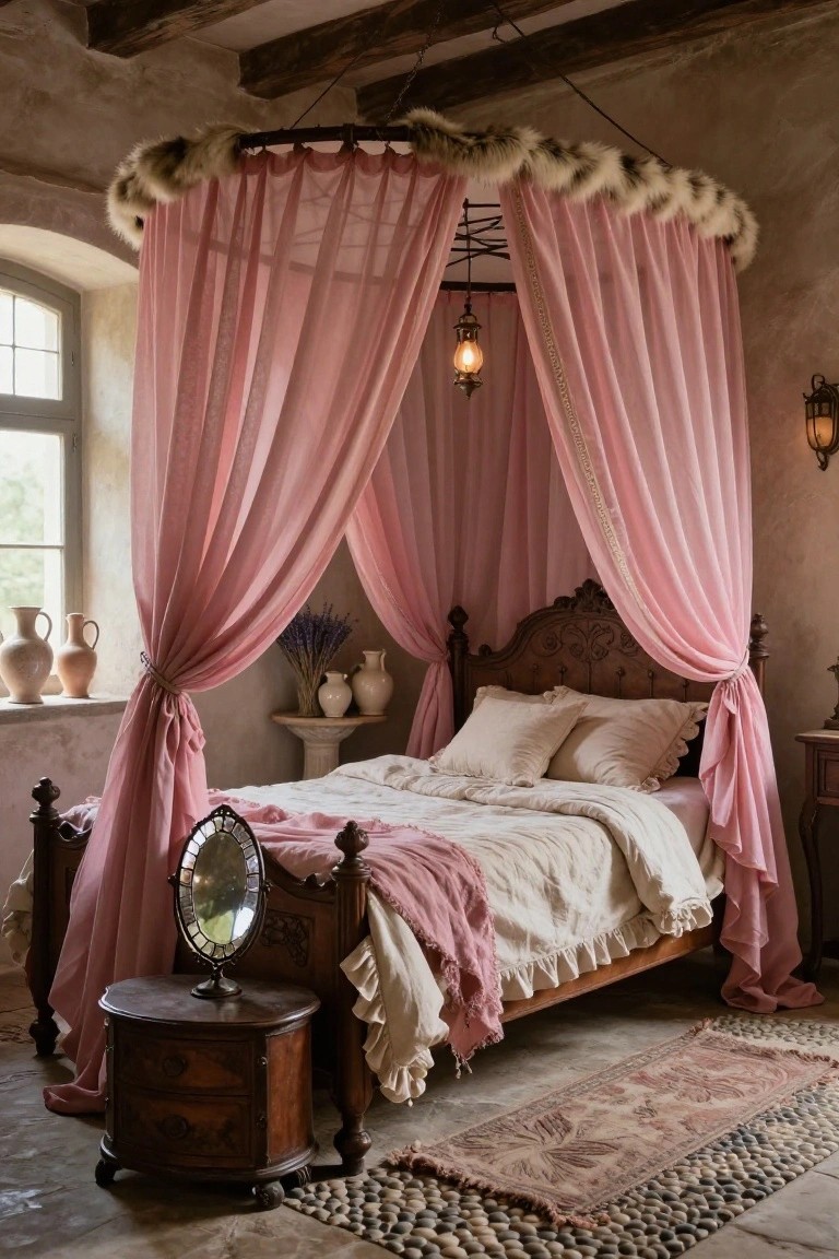 A bedroom with a four-poster bed under a circular fur-trimmed hoop canopy draped in pink sheer fabric, next to an antique round table and mirror, in a stone-walled room with wooden beams and a lantern light.