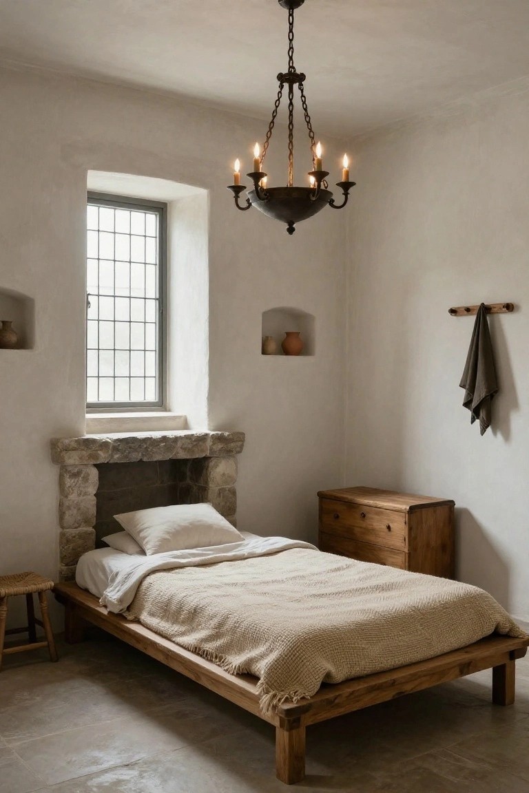 Minimalist bedroom with low wooden platform bed draped in beige knit throw and white pillows, stone fireplace, small barred window, candle chandelier overhead, wooden dresser, niches with pottery, towel hook, and stool on tiled floor in whitewashed stone room.