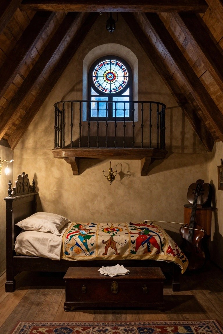 Small attic bedroom with sloped exposed wooden beam ceiling, circular stained glass window above a wrought iron balcony, antique wooden bed draped in colorful quilt with figures, nearby cello on stand, wooden chest with papers, wall sconces, and patterned rug on wooden floor.