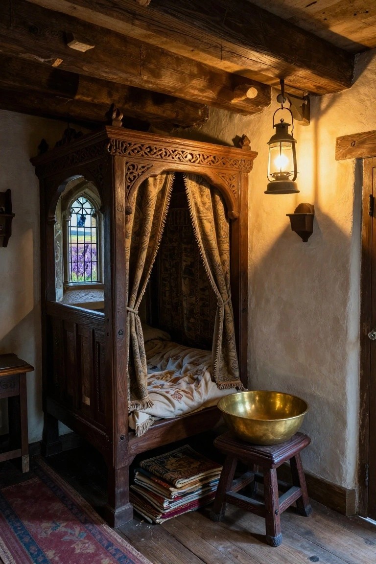 Wooden bed alcove with carved panels, draped curtains, stained glass window showing purple flowers outside, brass basin on stool, books stacked nearby, in a beamed room with lantern lighting.