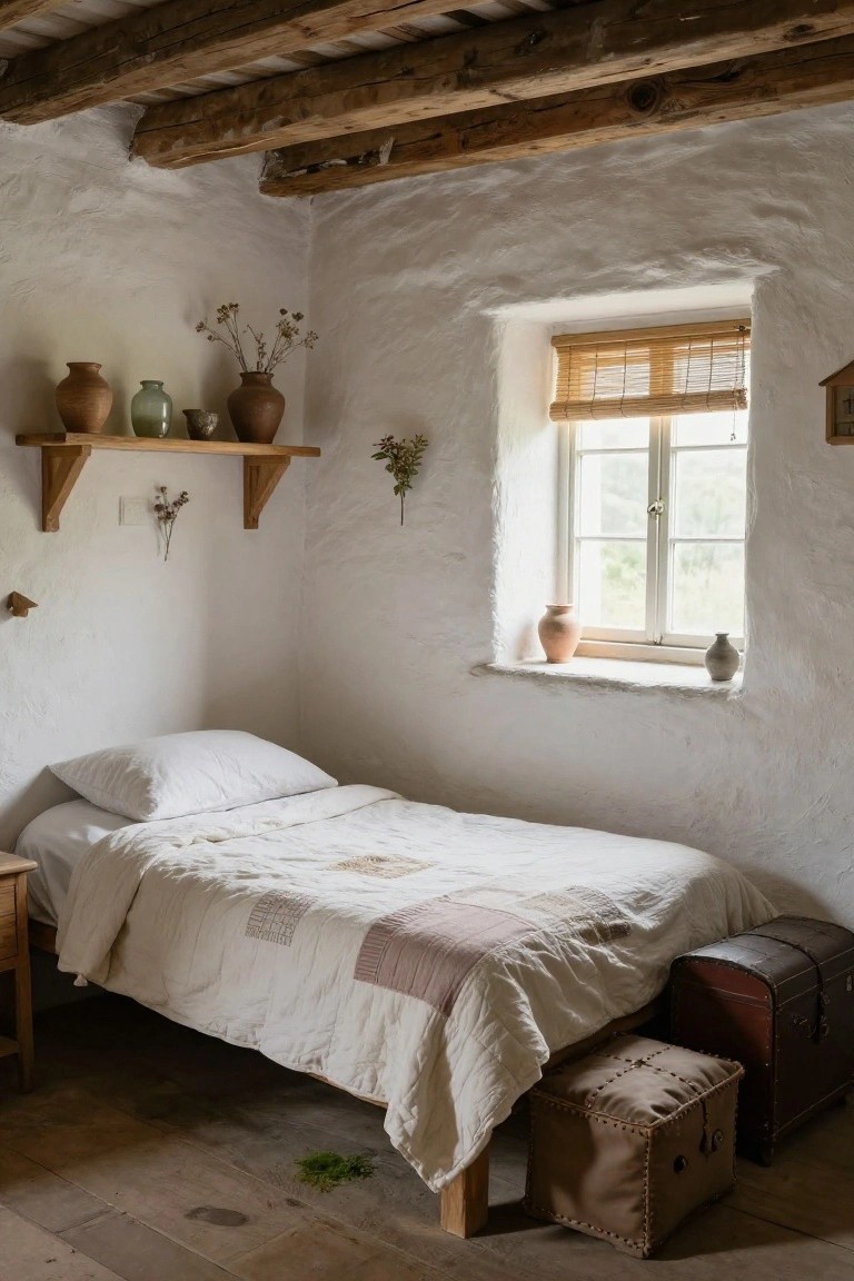Cozy bedroom interior with exposed wooden ceiling beams, whitewashed walls, single bed with white and beige linens, wooden shelves holding terracotta pots and dried flowers, bamboo window blinds, and leather trunk and pouf near the bed.