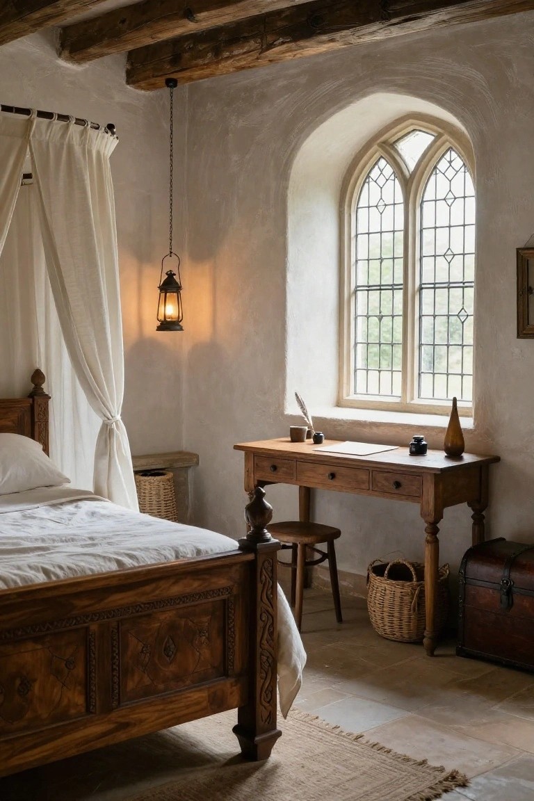 Medieval-style bedroom interior with exposed wooden beams, whitewashed curved stone walls, arched leaded glass window, wooden four-poster bed draped in white canopy, writing desk with quill and inkwell, and woven baskets on tiled floor.
