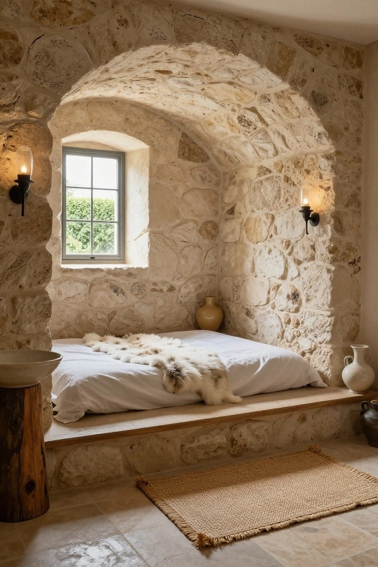 Bedroom with low built-in bed platform in arched stone alcove, white bedding with fur throw, small window flanked by candle sconces, clay pots on wood stool and terracotta floor.