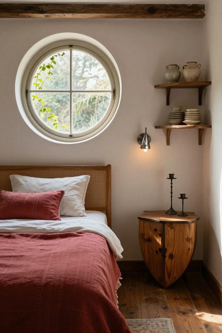 Bedroom corner with rattan headboard bed covered in red linen bedding and white sheets, triangular wooden shield-shaped nightstand holding candlesticks, wall shelves displaying pottery and stacked plates, round window with trailing ivy, wall lamp, and exposed wooden ceiling beams over hardwood floors.